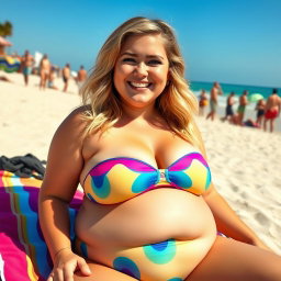A chubby college student with a round belly, wearing a vibrant bikini, enjoying a sunny day at the beach