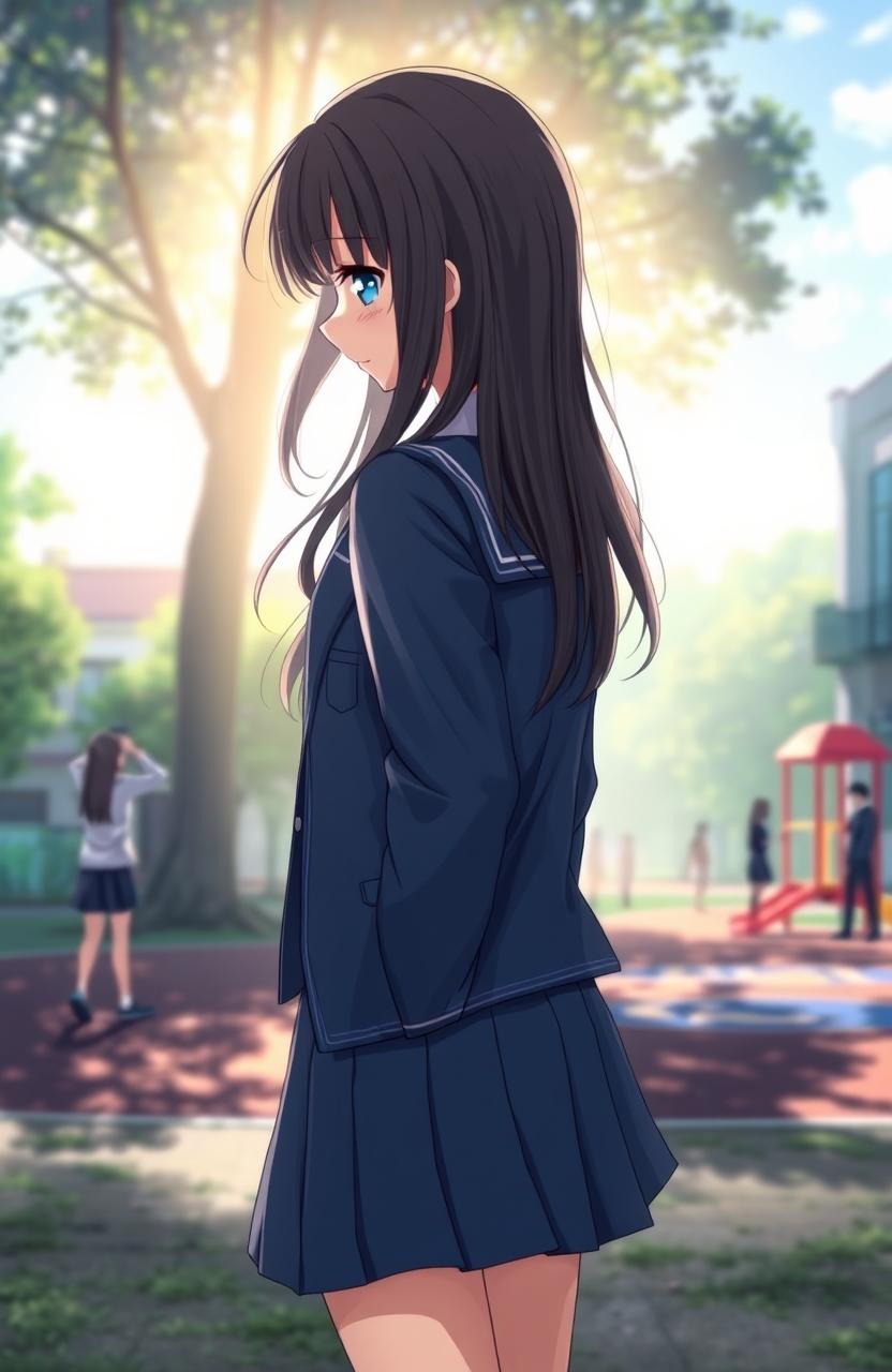 A girl in a school uniform standing with her back to the viewer on a school ground, her head slightly bowed, conveying a sense of sadness and longing