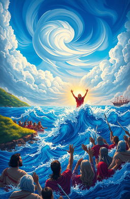 A vibrant, engaging scene depicting a classic Bible story, featuring key elements such as Moses parting the Red Sea with an awe-struck crowd of Israelites witnessing the miraculous event