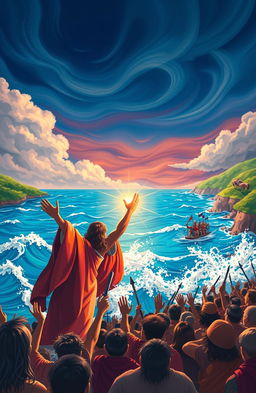 A vibrant, engaging scene depicting a classic Bible story, featuring key elements such as Moses parting the Red Sea with an awe-struck crowd of Israelites witnessing the miraculous event
