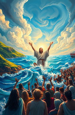 A vibrant, engaging scene depicting a classic Bible story, featuring key elements such as Moses parting the Red Sea with an awe-struck crowd of Israelites witnessing the miraculous event