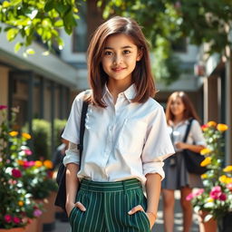 A 17-year-old girl with captivating black eyes and shoulder-length brown hair, dressed in fashionable green striped trousers paired with a crisp white shirt