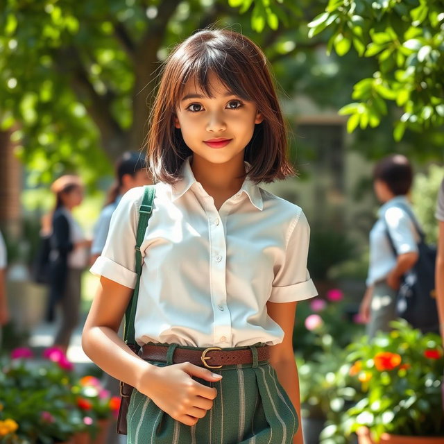 A 17-year-old girl with captivating black eyes and shoulder-length brown hair, dressed in fashionable green striped trousers paired with a crisp white shirt