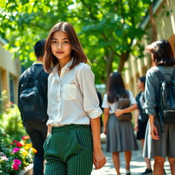A 17-year-old girl with captivating black eyes and shoulder-length brown hair, dressed in fashionable green striped trousers paired with a crisp white shirt