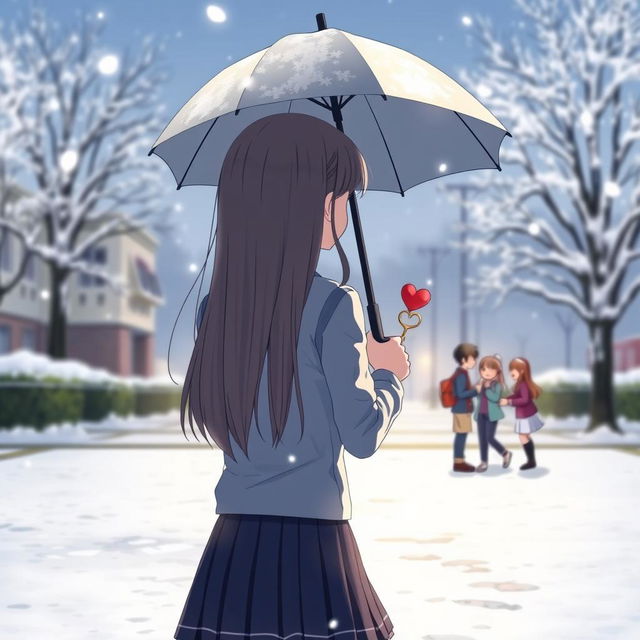 A girl in a school uniform standing with her back to the viewer on a snowy school ground, holding an umbrella over her head
