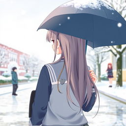 A girl in a school uniform standing with her back to the viewer on a snowy school ground, holding an umbrella over her head