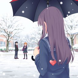 A girl in a school uniform standing with her back to the viewer on a snowy school ground, holding an umbrella over her head