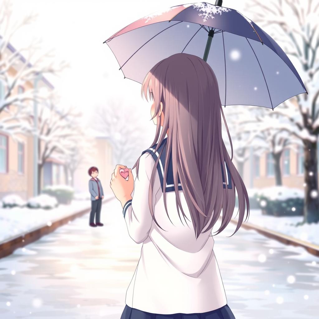 A girl in a school uniform standing with her back to the viewer on a snowy school ground, holding an umbrella over her head