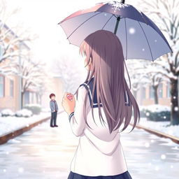A girl in a school uniform standing with her back to the viewer on a snowy school ground, holding an umbrella over her head