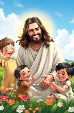 An serene and heartwarming scene depicting Jesus surrounded by joyful children of diverse ethnicities, including a clever Asian boy, a cheerful Black girl, a curious Hispanic child, and a playful Caucasian child