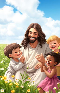 An serene and heartwarming scene depicting Jesus surrounded by joyful children of diverse ethnicities, including a clever Asian boy, a cheerful Black girl, a curious Hispanic child, and a playful Caucasian child