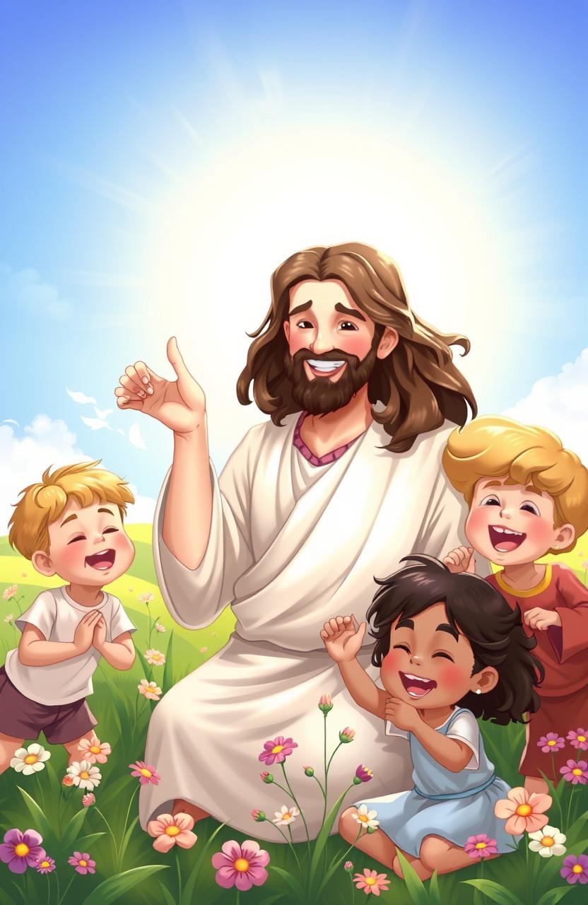 An serene and heartwarming scene depicting Jesus surrounded by joyful children of diverse ethnicities, including a clever Asian boy, a cheerful Black girl, a curious Hispanic child, and a playful Caucasian child