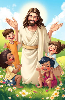 An serene and heartwarming scene depicting Jesus surrounded by joyful children of diverse ethnicities, including a clever Asian boy, a cheerful Black girl, a curious Hispanic child, and a playful Caucasian child
