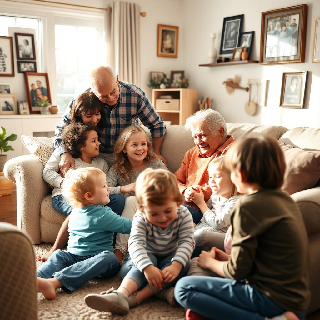 A warm family gathering with grandparents surrounded by their family in a cozy living room