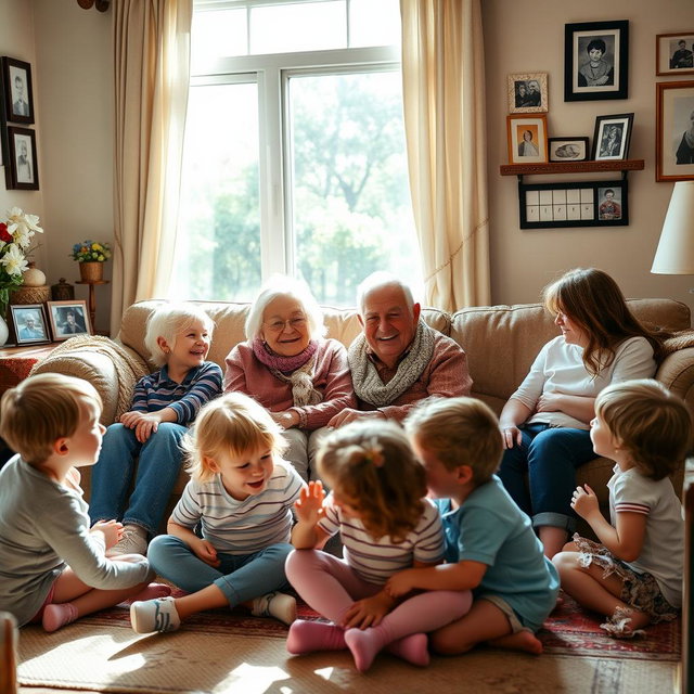 A warm family gathering with grandparents surrounded by their family in a cozy living room