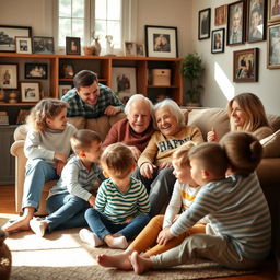 A warm family gathering with grandparents surrounded by their family in a cozy living room