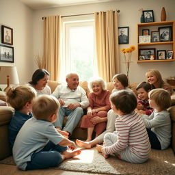 A warm family gathering with grandparents surrounded by their family in a cozy living room
