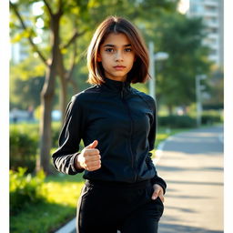 A 17-year-old girl with striking black eyes and shoulder-length brown hair, dressed in a sleek black tracksuit