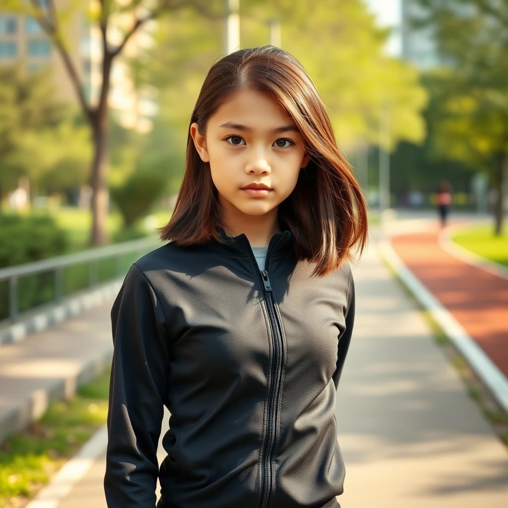 A 17-year-old girl with striking black eyes and shoulder-length brown hair, dressed in a sleek black tracksuit