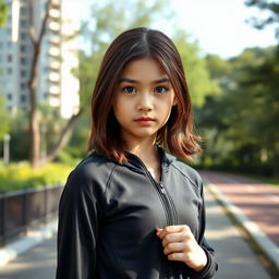 A 17-year-old girl with striking black eyes and shoulder-length brown hair, dressed in a sleek black tracksuit