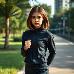 A 17-year-old girl with striking black eyes and shoulder-length brown hair, dressed in a sleek black tracksuit