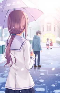 An anime-style illustration featuring a girl seen from the back, wearing a school uniform with a detailed design