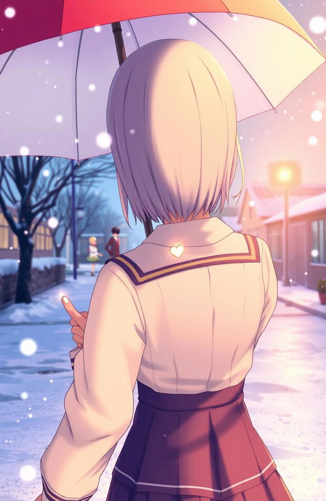 An anime-style illustration featuring a girl seen from the back, wearing a school uniform with a detailed design