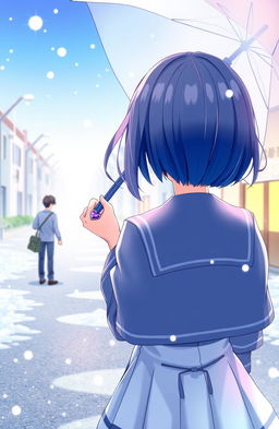 An anime-style illustration featuring a girl seen from the back, wearing a school uniform with a detailed design
