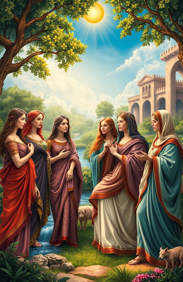 A diverse group of women from the Bible portrayed in a vibrant and historically inspired scene