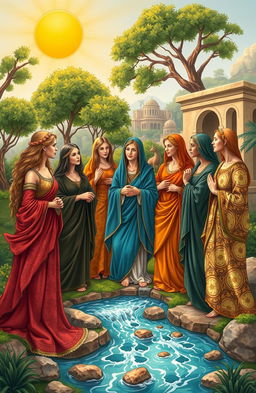 A diverse group of women from the Bible portrayed in a vibrant and historically inspired scene