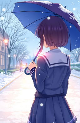 An anime-style illustration featuring a girl seen from the back, wearing a school uniform with a detailed design