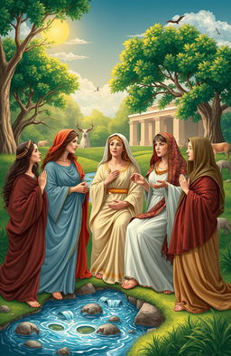A diverse group of women from the Bible portrayed in a vibrant and historically inspired scene