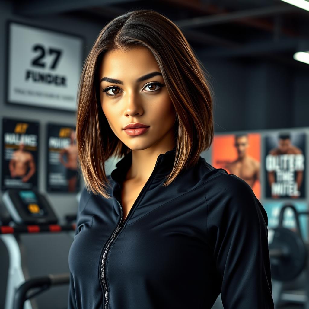 A 20-year-old woman with captivating black eyes and shoulder-length brown hair, dressed in a sleek black tracksuit that complements her athletic build