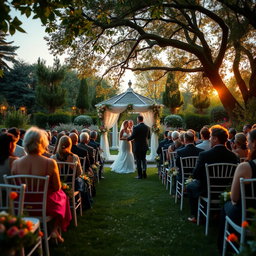 A beautiful outdoor wedding celebration set in a lush garden filled with colorful flowers and greenery