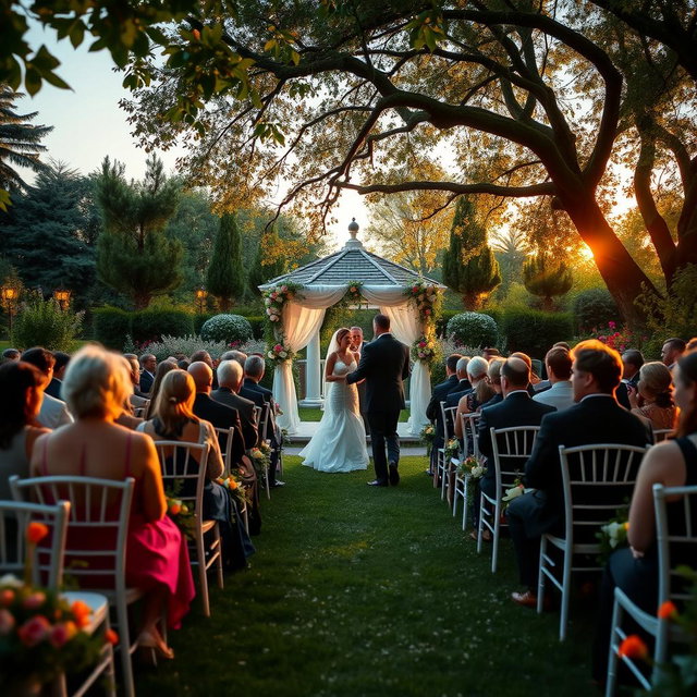 A beautiful outdoor wedding celebration set in a lush garden filled with colorful flowers and greenery