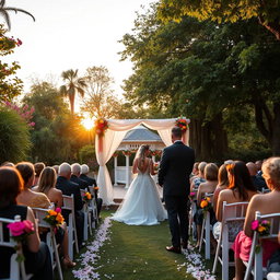 A beautiful outdoor wedding celebration set in a lush garden filled with colorful flowers and greenery