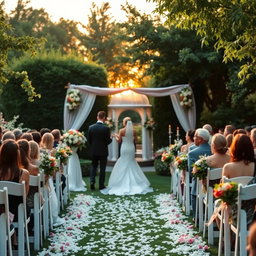 A beautiful outdoor wedding celebration set in a lush garden filled with colorful flowers and greenery