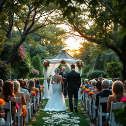 A beautiful outdoor wedding celebration set in a lush garden filled with colorful flowers and greenery