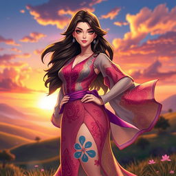 A female character, featuring a strong yet graceful pose, adorned in a flowing, vibrant dress with intricate patterns that blend traditional and modern designs