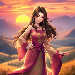 A female character, featuring a strong yet graceful pose, adorned in a flowing, vibrant dress with intricate patterns that blend traditional and modern designs