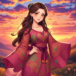 A female character, featuring a strong yet graceful pose, adorned in a flowing, vibrant dress with intricate patterns that blend traditional and modern designs