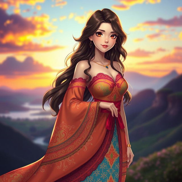 A female character, featuring a strong yet graceful pose, adorned in a flowing, vibrant dress with intricate patterns that blend traditional and modern designs