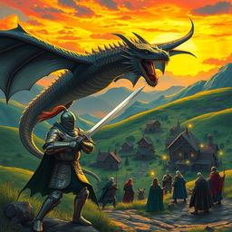 A dramatic Dungeons and Dragons scene with a fierce dragon flying over a medieval fantasy landscape