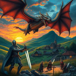 A dramatic Dungeons and Dragons scene with a fierce dragon flying over a medieval fantasy landscape