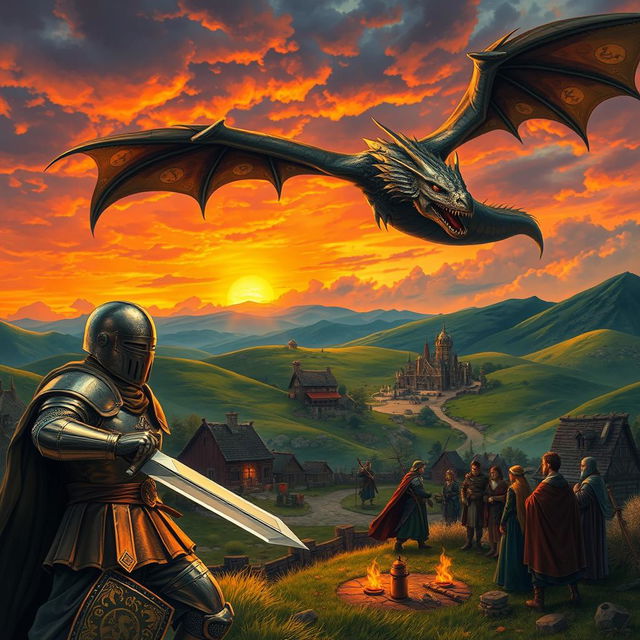 A dramatic Dungeons and Dragons scene with a fierce dragon flying over a medieval fantasy landscape
