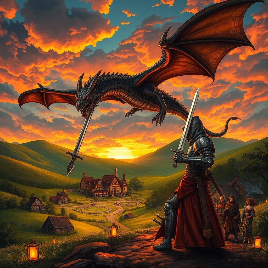 A dramatic Dungeons and Dragons scene with a fierce dragon flying over a medieval fantasy landscape