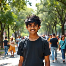 A 17-year-old Indian boy with striking black eyes and jet black messy hair, wearing a casual black T-shirt and comfortable grey sweatpants