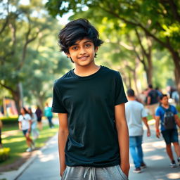 A 17-year-old Indian boy with striking black eyes and jet black messy hair, wearing a casual black T-shirt and comfortable grey sweatpants