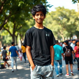 A 17-year-old Indian boy with striking black eyes and jet black messy hair, wearing a casual black T-shirt and comfortable grey sweatpants