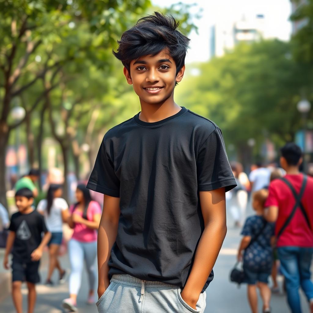 A 17-year-old Indian boy with striking black eyes and jet black messy hair, wearing a casual black T-shirt and comfortable grey sweatpants